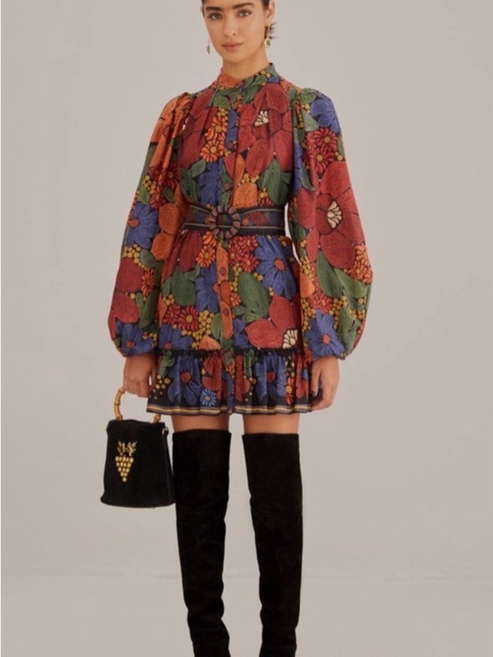 FARM RIO NWOT Stitched Flowers Belted Long Sleeved Mini Shirtdress Sz Med